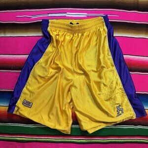 RARE VTG Dunk‎ Basketball Shorts Men Yellow Purple Shiny Dazzle Silky *No Size*